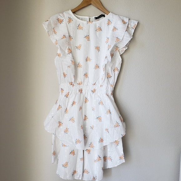 White Eyelet Embroidered Floral Flutter Sleeve Tiered Skirt Cotton Dress - Picture 8 of 16